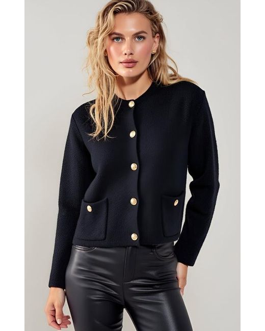 Modenaire Blue Textured Knit Button-Front Patch-Pocket Cardigan