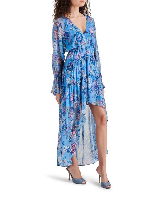 Steve Madden Blue Sol Floral Long Sleeve High-low Chiffon Dress