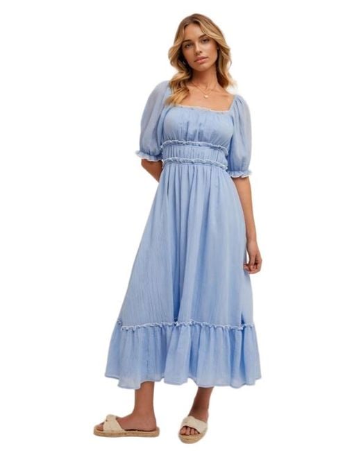 Knit & Lounge Blue Puff Sleeve Square Neck Midi Dress With Tiered Skirt And Ruffle Trim