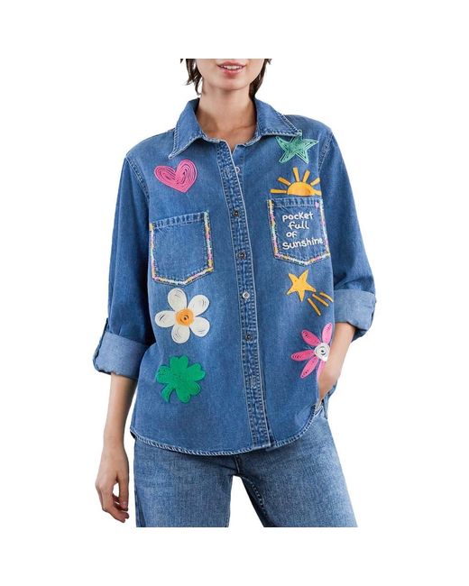 BILLY T Blue Pocketful Of Sunshine Embroidered Denim Graphic Button-Up Shirt