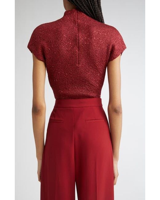 Lela Rose Red Sequin Knit Short Sleeve Mock Neck Top