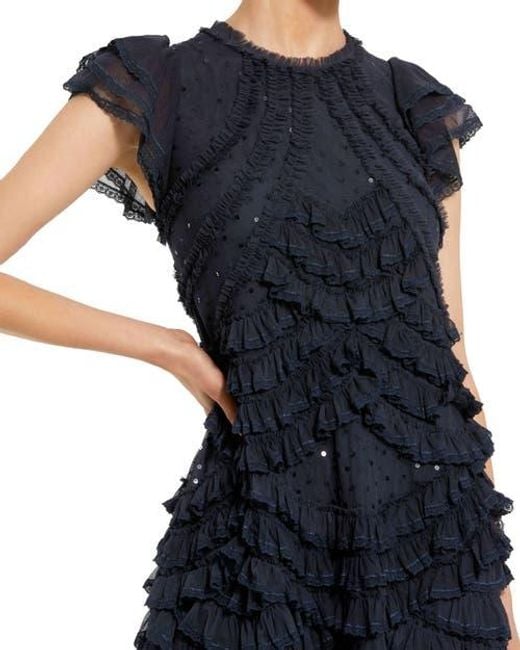 Mac Duggal Blue High Neck Ruffle Mesh Midi Dress