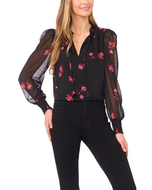 Cece Blue Floral Metallic Split Neck Top