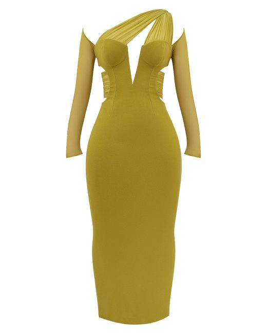 House Of Cb Yellow Zahra Asymmetric Cutout Long Sleeve Cocktail Dress