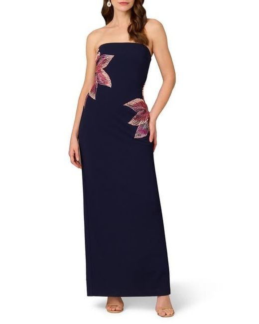 Aidan Mattox by Adrianna Papell Blue Bead Embellished Strapless Column Gown