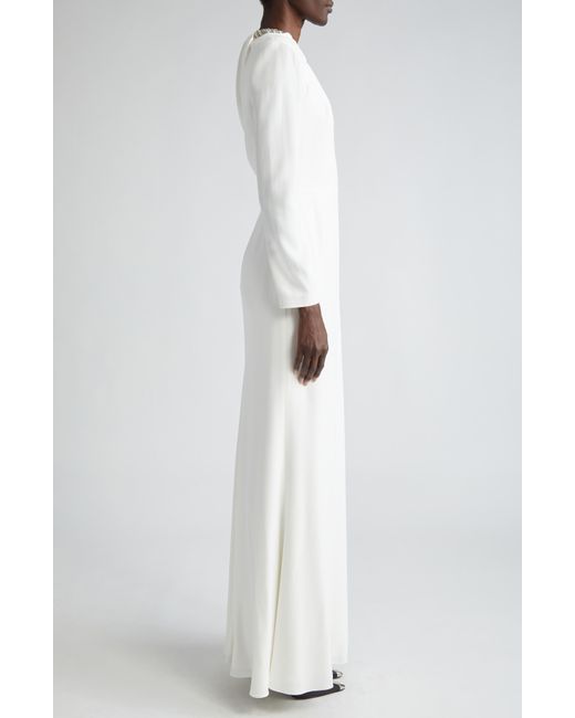 Alexander McQueen White Crystal Embellished Long Sleeve Leaf Crepe Gown