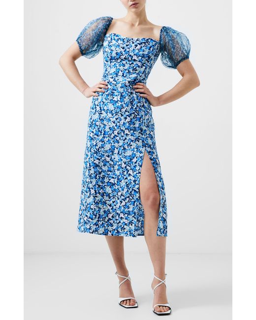 French Connection Blue Clara Floral Puff Sleeve Midi Dress