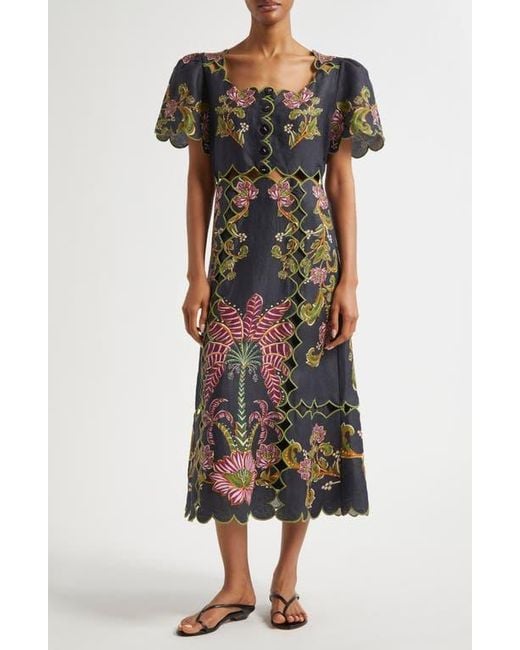 Farm Rio Black Ravenala Floral Short Sleeve Midi Dress