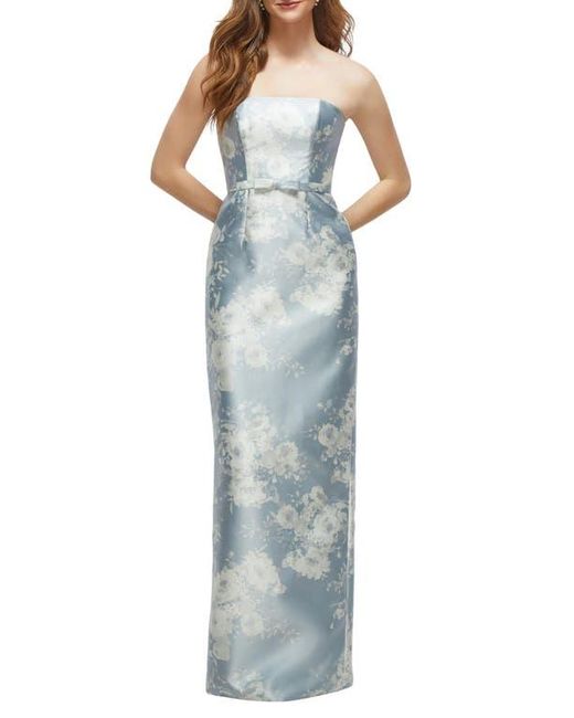 Alfred Sung Blue Floral Strapless Bow Belt Satin Twill Column Gown