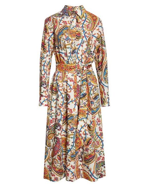 Etro Natural Floral Paisley Belted Cotton Poplin Shirtdress