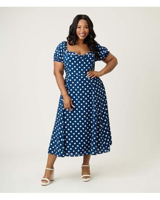 Unique Vintage Women's Blue Plus Size Dot Puff Sleeve Midi Dress