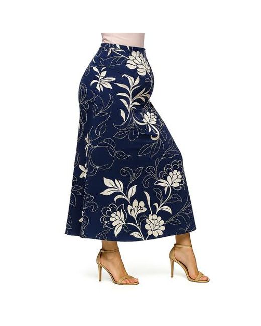 24seven Comfort Apparel Blue Maternity Floral Print Elastic Waist A-Line Maxi Skirt