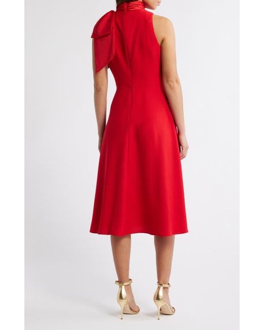 Eliza J Bow Mock Neck Fit & Flare Midi Dress in Red | Lyst