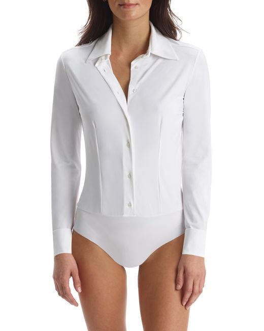 Commando White Classic Long Sleeve Button-Down Thong Bodysuit