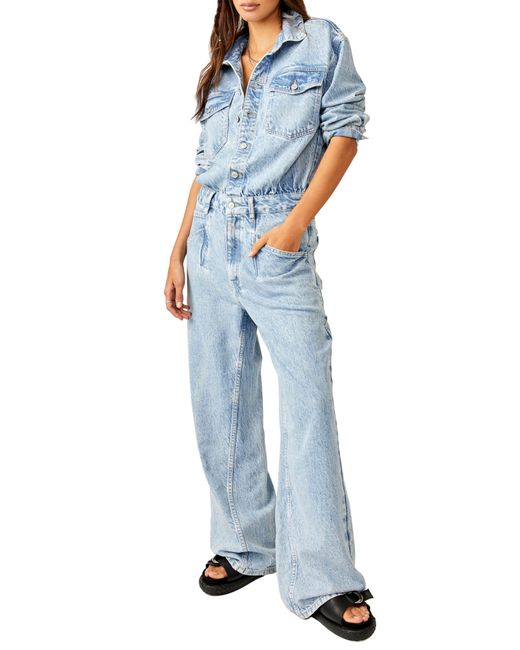 Free People Blue Touch The Sky Long Sleeve Denim Jumpsuit