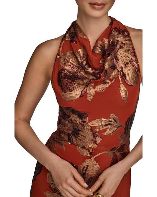 Donna Karan Orange Sequin Floral Body-Con Gown