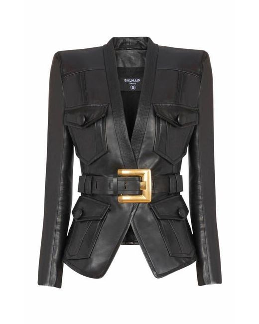 Balmain Black 1-Button Belted Leather Jacket