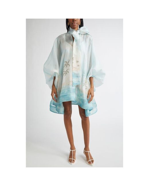 Zimmermann Blue Seascape Print Long Sleeve Organza Minidress