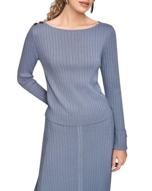 Donna Karan Blue Button Shoulder Boat Neck Rib Sweater