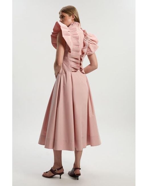 Karen Millen Pink Pleated Ruffle Sleeve Woven Midi Dress