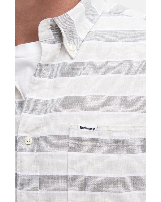 Barbour White Somerby Tailored Fit Stripe Short Sleeve Linen & Cotton Button-down Shirt for men