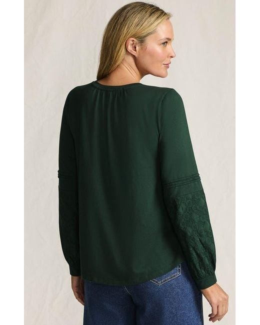 Lands' End Green Lightweight Jersey Lace Mix Long Sleeve Pintuck Top