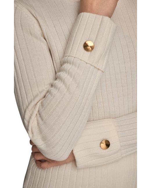 Donna Karan Natural Button Shoulder Boat Neck Rib Sweater