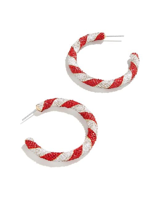 BaubleBar Red Pavé Crystal Candy Cane Hoop Earrings