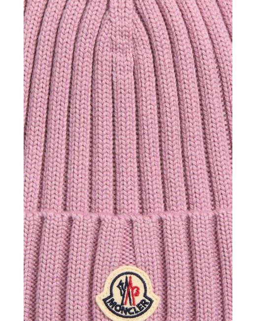 Moncler Pink Logo Patch Rib Wool Beanie