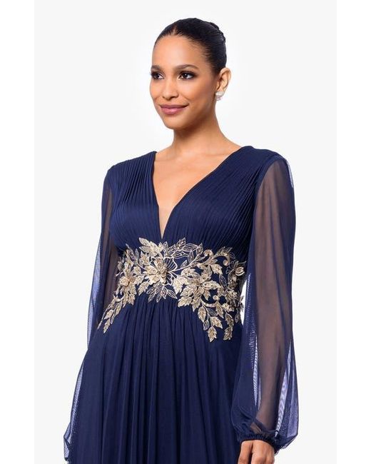 Betsy & Adam Blue Metallic Floral Appliqué Long Sleeve Gown