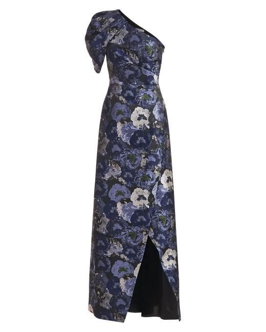 Kay Unger Blue Briana Asymmetric Floral Jacquard Gown
