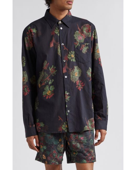 John Elliott Black Cloak Floral Print Cotton Button-up Shirt for men