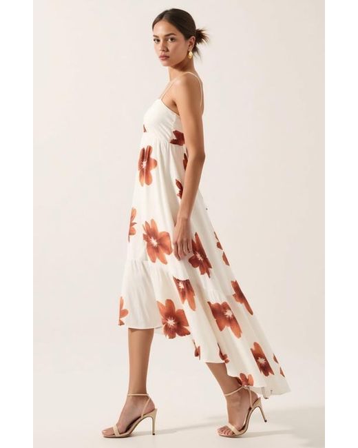 Modenaire Natural Strappy High Low Dress With Floral Print And Smocked Back