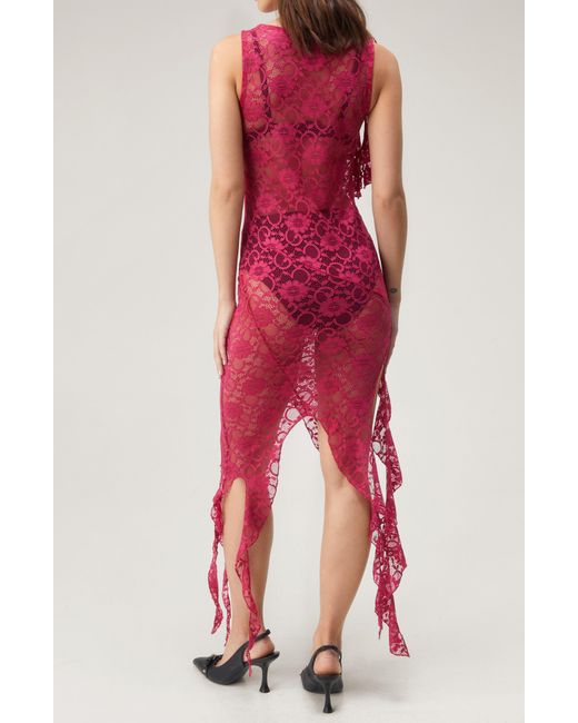 Nasty Gal Red Sheer Lace Ruffle Dress