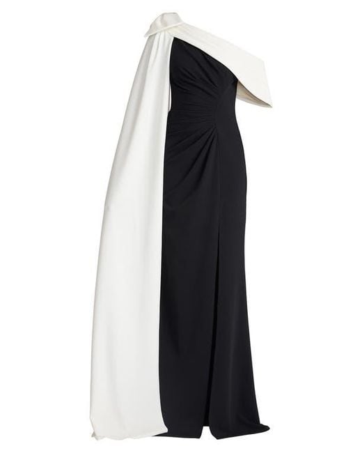 Tadashi Shoji Blue Bow Cape Detail One-Shoulder Gown