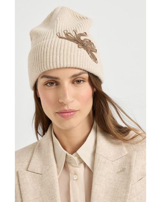 Brunello Cucinelli Natural Cashmere Knit Beanie With Monili