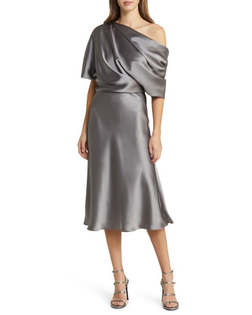 Amsale Gray One-shoulder Fluid Satin Cocktail Midi Dress