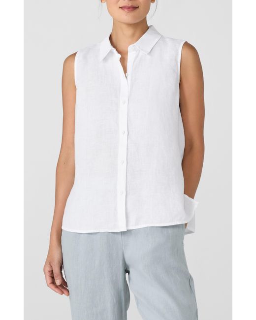 Eileen Fisher White Classic Sleeveless Organic Linen Button-up Shirt