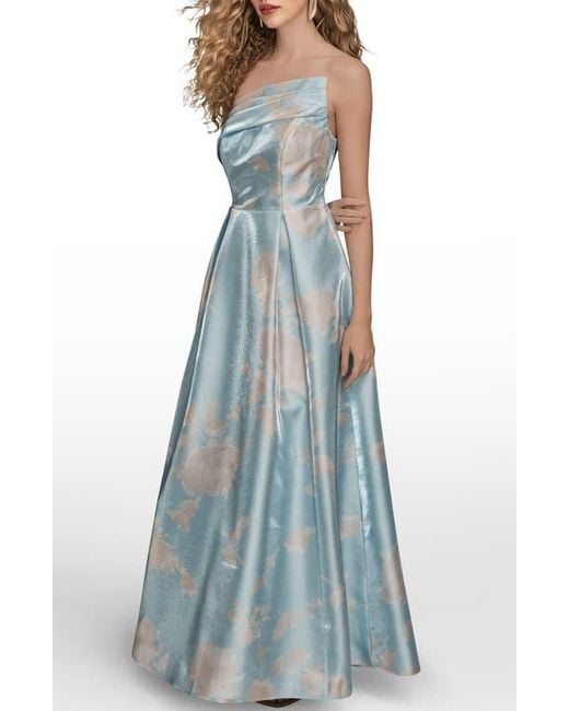 Donna Karan Blue Floral Print Strapless Satin Gown