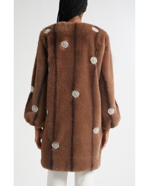 Cinq À Sept Brown Faux Pearl & Crystal Detail Faux Fur Coat