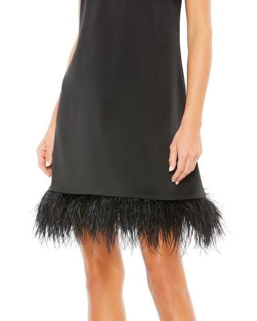 Mac Duggal Black Feather Hem High Neck A-Line Dress