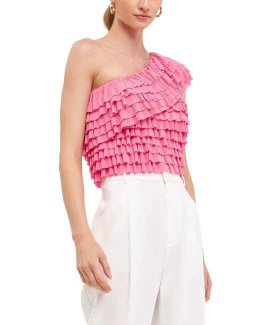 Endless Rose Pink Ruffle One-shoulder Top