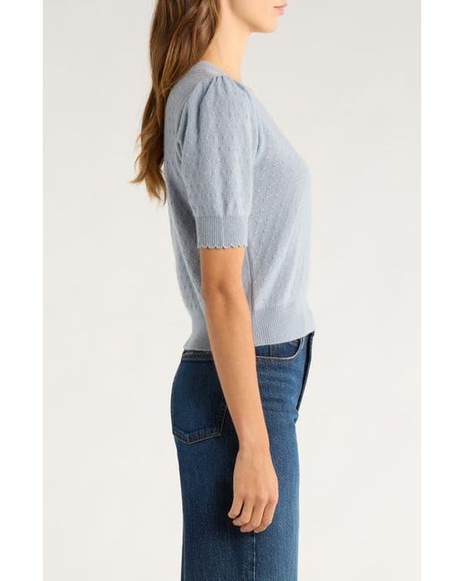 FRAME Blue Puff Sleeve Pointelle Cashmere Sweater