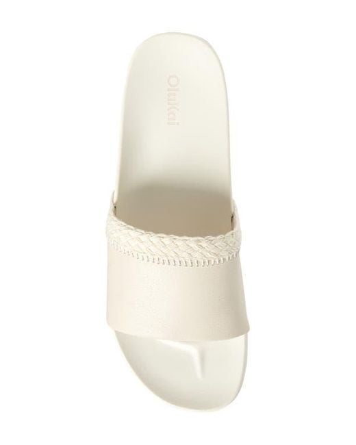 Olukai White Pākea Leather Slide Sandal
