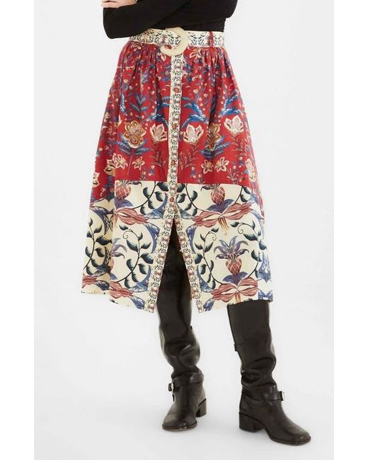 Farm Rio Red Winter Breeze Mixed Print Cotton Skirt