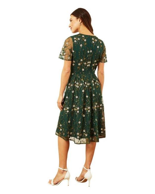 Yumi' Green Embroidered Floral Skater Dress