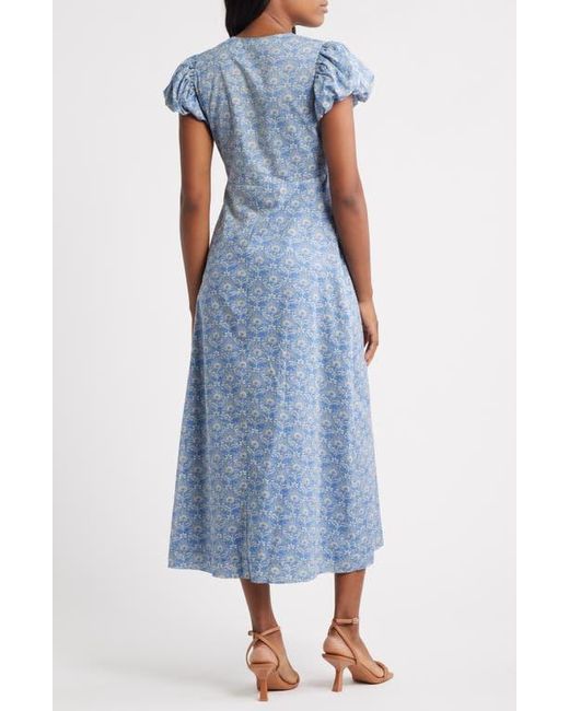 Charles Henry Damask Floral Cotton Midi Dress in Blue | Lyst