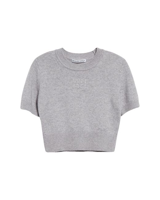 Alexander Wang Blue Embossed Logo Short Sleeve Crop Cotton & Wool Sweater
