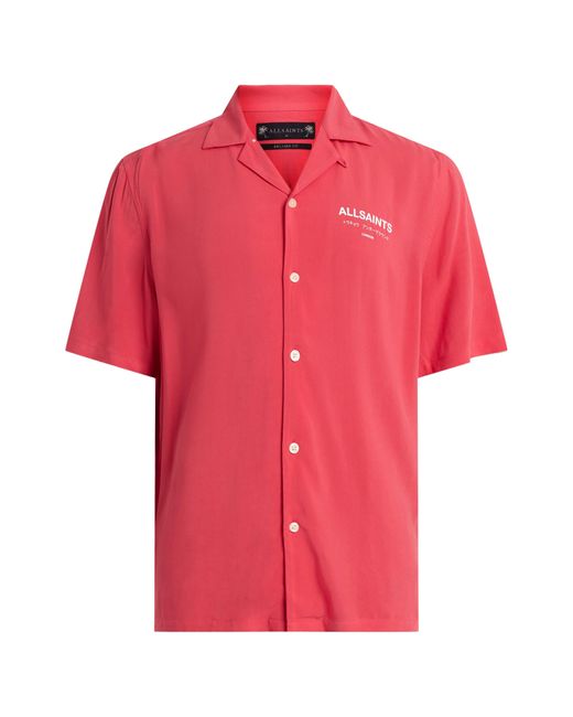 AllSaints Red Underground Logo Short Sleeve Camp Shirt for men