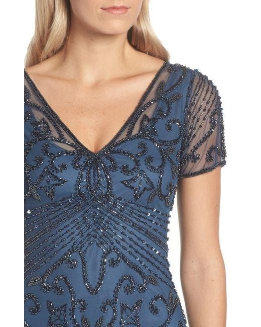 Pisarro Nights Beaded Mesh Column Gown in Blue | Lyst